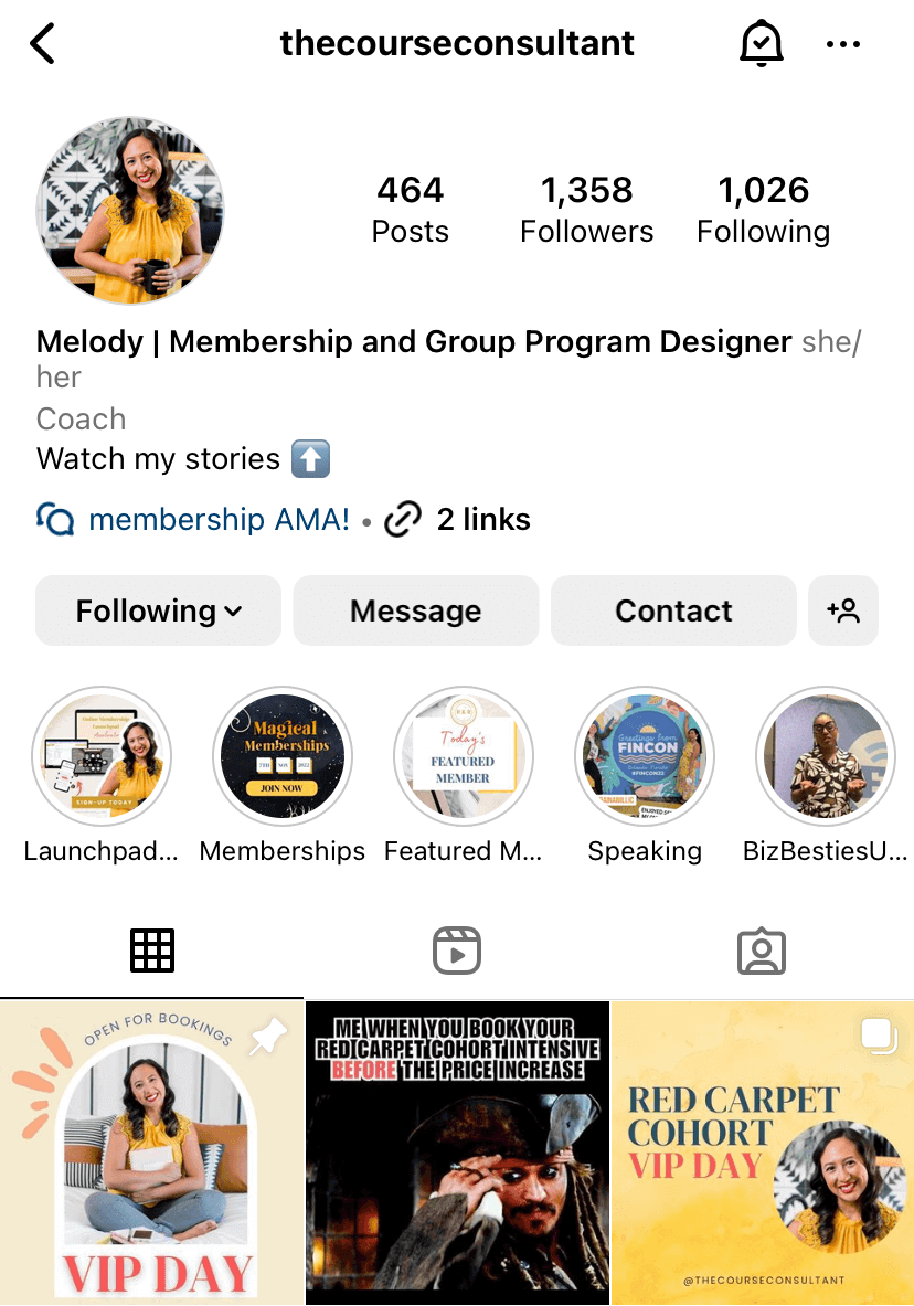 Screenshot of Melody's Instagram account showing she has 1,358 followers.