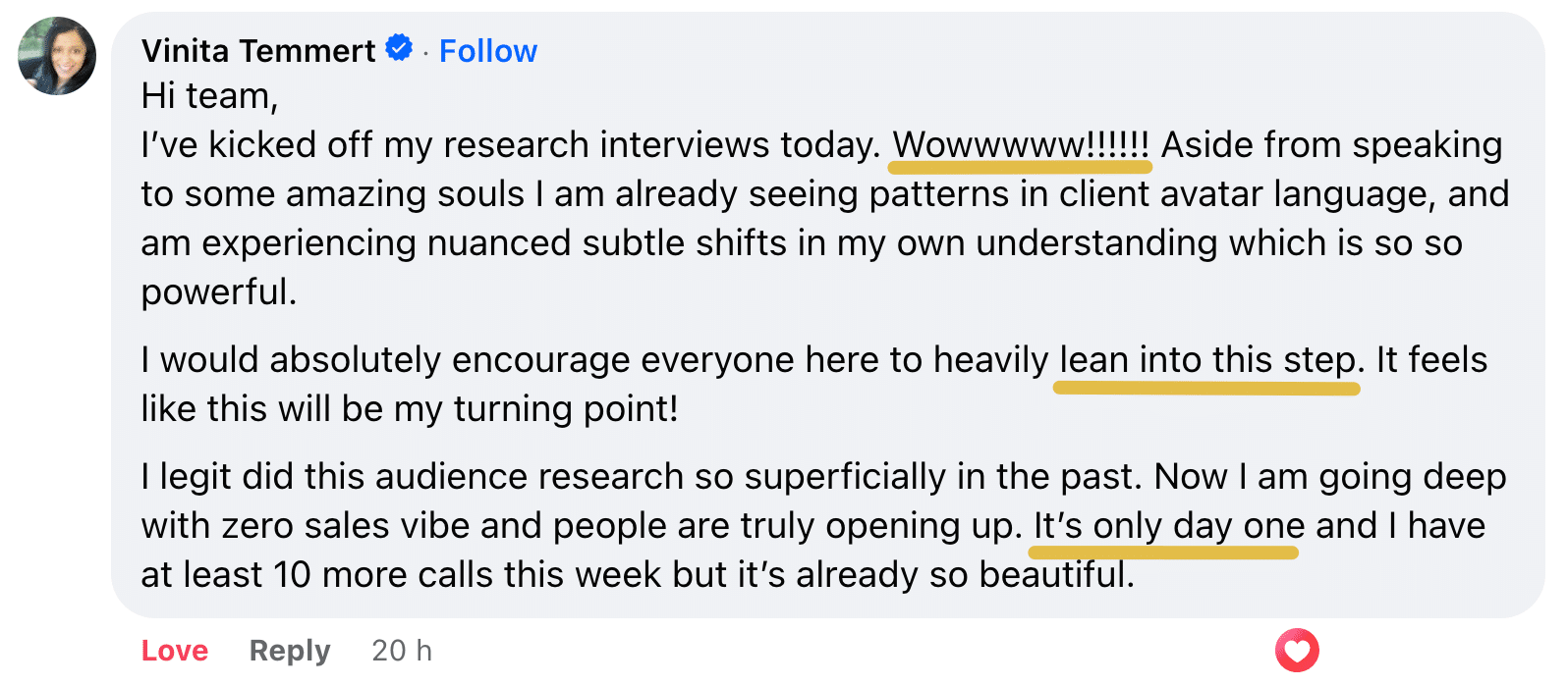 Screenshot of a Facebook comment from Vinita Temmert, highlighting "wow", "lean into this step", and "it's only day one."