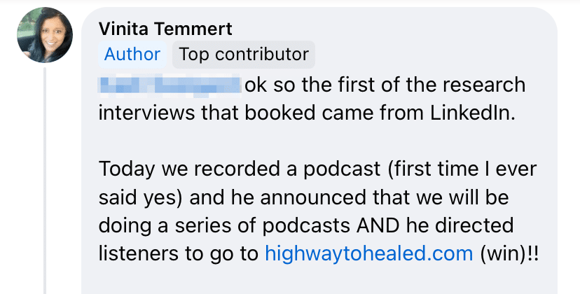 Screenshot of a Facebook comment from Vinita Temmert, saying she recorded a podcast and the host announced he will be doing a series and directed listeners to her offers.