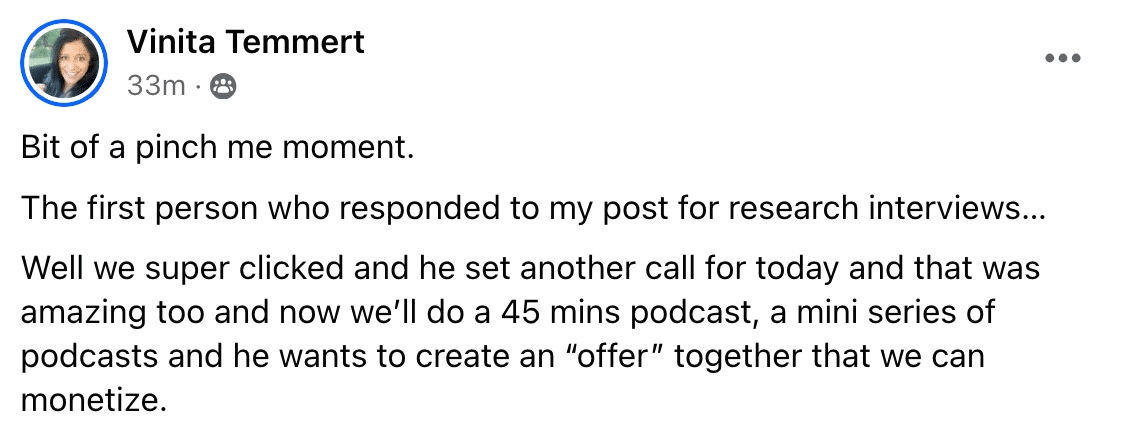 Screenshot of a Facebook comment from Vinita Temmert, saying podcast host wants to create an offer together and monetize.