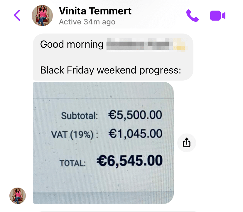 Screenshot of a comment from Vinita Temmert, saying she made 6,545 euros in sales over the weekend.