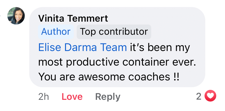 Screenshot of a Facebook comment from Vinita Temmert, saying it's been her most productive container ever.
